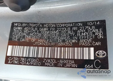 2015 Toyota Prius Two from USA, damaged, VIN JTDKN3DUXF1889353